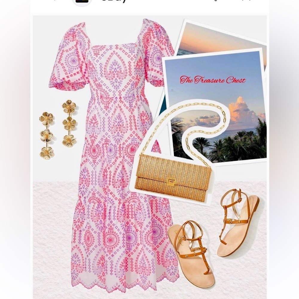 Lilly Pulitzer Pink Eyelet Midi Dress with Puff Sleeves - Picture 3 of 6